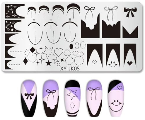 RUNRAYAY Placas de estampado de uñas con línea francesa, diseño de rayas onduladas geométricas, plantillas de impresión para decoración de uñas, acero inoxidable