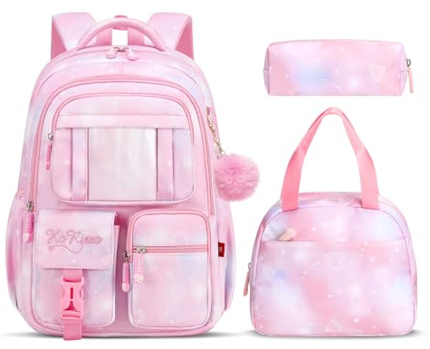 Tanou Set di Zaino Scuola Elementare Bambina, 3 Pezzi Traspirante Zaini per Bambini con Borsa Termica e Astuccio, Kawaii Zaino Ragazza in Nylon alla Moda con Ciondolo, Rosa