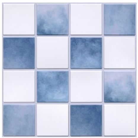 Piastrelle Adesive per Cucina, PVC Blu nebbia e bianco, 10 Pezzi, Adesivi per Piastrelle 3D, Autoadesive per Pareti,Paraschizzi Autoadesivo per Cucina, Bagno, 30 × 30 cm