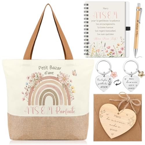 Xuniea Set de Cadeaux Merci pour Maîtresse d'École Atsem | Sac Fourre-Tout Porte-Clés Stylo Carnet à Spirale Enveloppe Plaque de Cœur Cadeau Remerciement pour Maternelle Fin d'Année