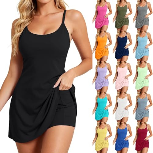 Womens Tennis Dress Built in Shorts Bra Padded Pockets Sleeveless Athletic Golf Mini Dress Workout Gym Running Summer Sports Skort Breathable Soft Adjustable A-Line White Black Green Orange Red