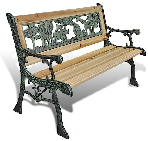Ordellia Barnträdgårdsbänk 84 cm trä med järnram i bronsutseende, robust sittbänk för barn, djurmönster, perfekt för terrass balkong trädgård, väderbeständig, bekväm och dekorativ