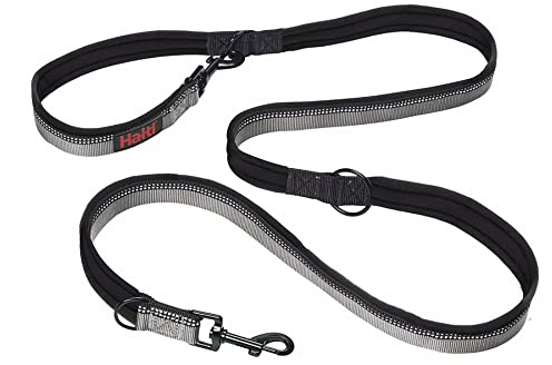 Correa para Perro Doble Enganche HALTI - Correa de entrenamiento con acolchado de neopreno, tejido reflectante 3M y opciones de longitud ajustable. Apto para perros Medianos y Grandes (Talla L, Negro)