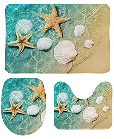 3-teiliges Badvorleger-Set Muscheln Seestern Farbverlauf Maritim Strand rutschfest WC-Deckelbezug + Badematte