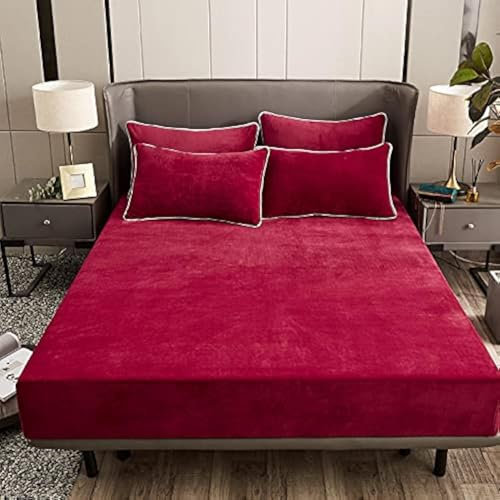 Damier Winter Spannbettlaken 140x200x30cm Rot Weinrot Plüsch Bettlaken Flauschige Cashmere Touch Warme Spannbetttuch Geeignet für 30cm Matratze