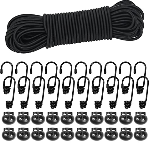 Dondeen 20M Elastic Cord, 1/5'' Thick Shock Cord Heavy Duty 65Ft Elasticated Shock Cord Black Bungee Cords with Hooks and Spring Cord Lock for Caravan Cargo Craft Rack (5mm x 20M, Black)