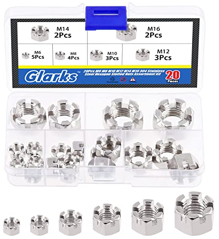 Glarks Juego de 20 tuercas ranuradas hexagonales de acero inoxidable M6, M8, M10, M12, M14, M16, 304, moto, 20 unidades