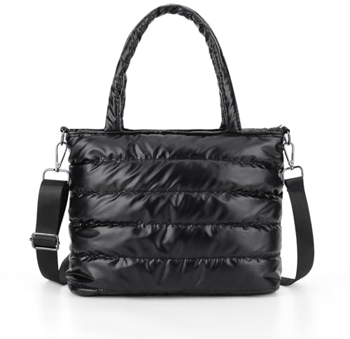 JingyuKJ Bolso de Mano Acolchado para Mujer, Ligero, con Cremallera, Correas Dobles para el Hombro, de Algodón, A01-Negro, 34 EU