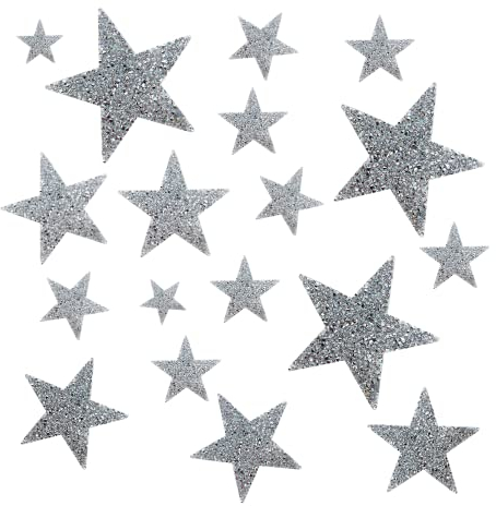LOREC 18 Stück Sterne zum Aufbügeln Silber Aufbügler Strass Bügelbilder Glitzer 2/4/6/8cm Patches Aufnäher Strass Applikation Zum Aufbügeln für DIY, Kleidung, Rucksack, Hut, Jeans, Taschen, Schuhe