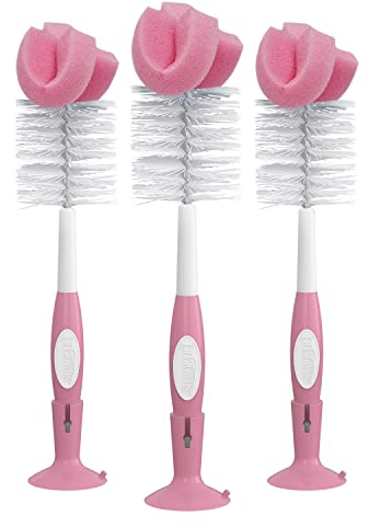 Dr. Brown's Set di spugne riutilizzabili per la pulizia del bambino con supporto a ventosa, scrubber e detergente per capezzoli, confezione da 3, confezione da 3, spazzola rosa per biberon, confezione