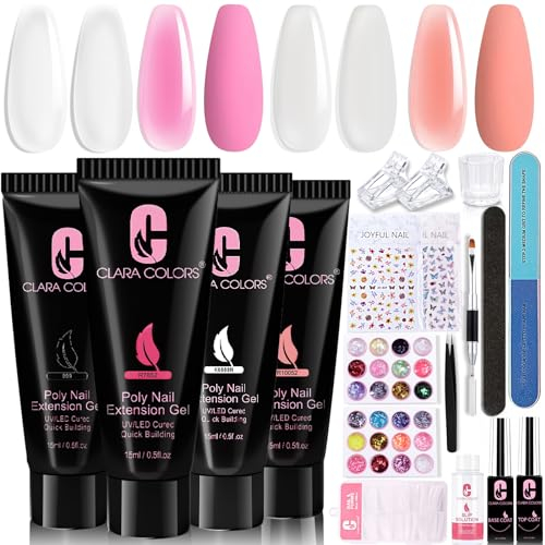 Kit de uñas de poligel Clara Colors, 4 colores color blanco transparente gelatina rosa kit de extensión de uñas de gel con solución deslizante capa superior de gel y herramientas para arte de uñas kit