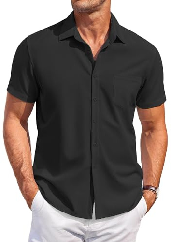 COOFANDY Chemise Homme Manches Courtes Chemise de Plage Casual Chemise été avec Poche Boutons Chemise Regular Fit Noir XL