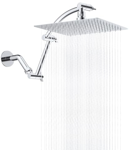 Hibbent All Metal cUPC Certified Rain Shower Head, 10'' High Pressure Rainfall Showerhead with 16 Shower Head Extension Arm, Solid Brass Adjustable Shower Arm Extender, fixed Showerheads, Chrome