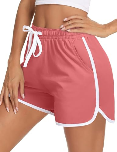 Aseniza Pantalones Cortos Deporte Mujer de Algodón Pantalon Corto Verano para Mujer con Bolsillos para Correr Jogging Running （1-Rojo Coral，L）
