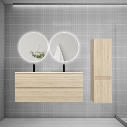 AICA Ensemble Meuble Salle de Bain Double Vasque 120cm avec lavabo + Colonne + Miroir Rond,chêne