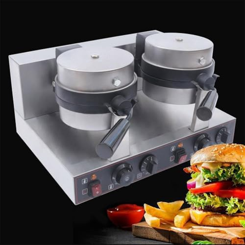 Macchina per Waffle Commerciale per Hamburger, Macchina per Waffle Antiaderente, Macchina per Waffle Elettrica in Acciaio Inossidabile 1300W,Piastra in Materiale Antiaderente Rotazione 180°,Doublehead