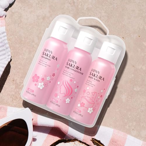 LAIKOU Sakura Spa Gift Set, Bath & Hair Care Travel Kit, Shampoo, Conditioner & Body Wash, Hydrating, Nourishing & Gentle for All Skin & Hair Types, Christmas Birthday Gifts for Women Teenage Girl