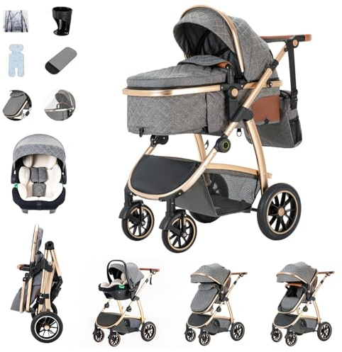 Zkiprm Baby Stroller 3-in-1, Travel System Includes Car Seat, Pushchair and Pram, Compact Stroller with Adjustable Armrests, Impact Protection, Landscape High Aluminum Frame