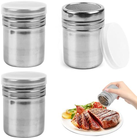 Spargi zucchero a velo e cacao 3 pezzi spargi cacao in Polvere in acciaio con coperchio, spargi cacao per cappuccino, cioccolato, zucchero a velo, zucchero, sale, cacao, farina, caffè