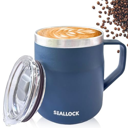 Luoqun88 Coffee Cup, Insulated Stainless Steel Desk Cup, Coffee Mug with Lid & Handle – Reusable Travel Mug for Hot & Cold Drinks, Ideal Present for His Her, 450ml (Blue)