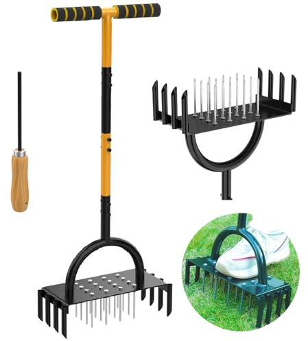 TWZ 2-in-1 Rasenlüfter manuell mit 16 Spike& 8 Kerne, 97cm Aerifizierer für Rasen mit T-Stiel, Handvertikutierer Metall Rasenbelüfter effiziente Rasenbelüftung Handaerifizierer für Rasen