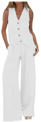 Traje de Pantalón para Mujer Elegante, 2 Piezas, sin Mangas Chaleco Y Pantalón Traje de Dos Piezas Para Mujer, Chaleco Corto Y Pantalones Largos Conjuntos de Salón con Botones, Ropa de Mujer