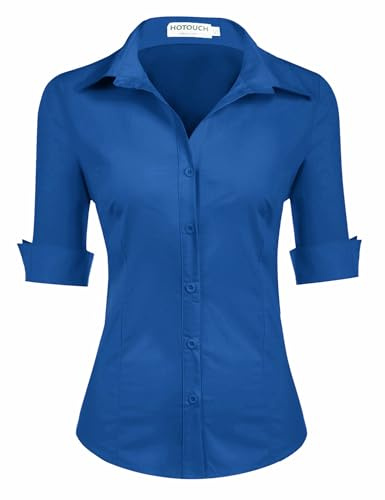 HOTOUCH Shirts for Women UK 3/4 Sleeve Top Plain Fitted Blouse Ladies Blouses Cotton Office Shirt Short Sleeve Tops Dark Blue XL