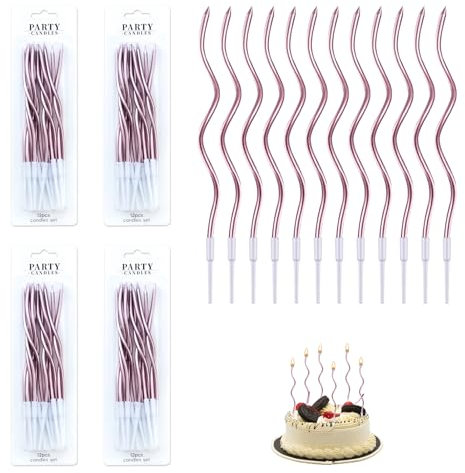 48 Candele Compleanno Oro Rosa, Candele Torta, Candela a Spirale Cupcake Candeline Lunghe Supporto Rimovibile con Superficie Metallica, Senza Fumo, Particolari per Compleanno Festa Matrimonio