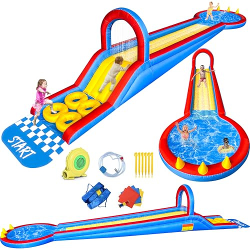Tobogán acuático inflable, tobogán acuático largo para patio trasero con piscina de salpicaduras, carriles de carreras y aspersor integrado para verano al aire libre