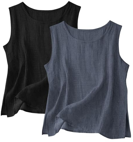 2 Pack Vest Cotton Linen Tank Tops for Women UK, Summer Sleeveless T-Shirt Crew Neck Lounge Vests Lightweight Breathable Cami Solid Color Plain Casual Tee Shirts Trendy Blouse Ladies Tank Tops
