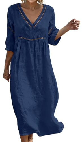 Linen Dresses for Women UK Summer V-Neck Hollow Out Sundress Casual Loose 3/4 Sleeve Cotton Maxi Dresses for Daily Wear Office Summer Beach Ladies Boho Dress
