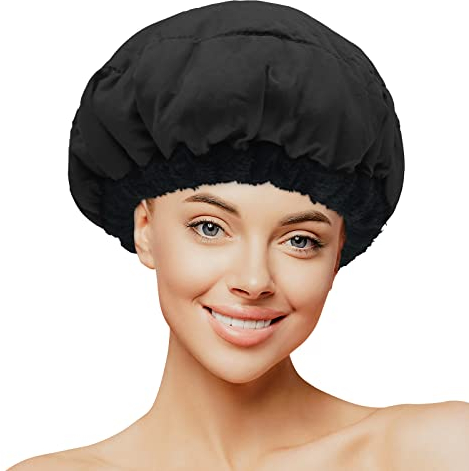 MQUPIN - Cuffia termica per condizionamento profondo, microonde, semi di lino naturale, acconciature a vapore, cura dei capelli, 10 cuffie usa e getta (nero)