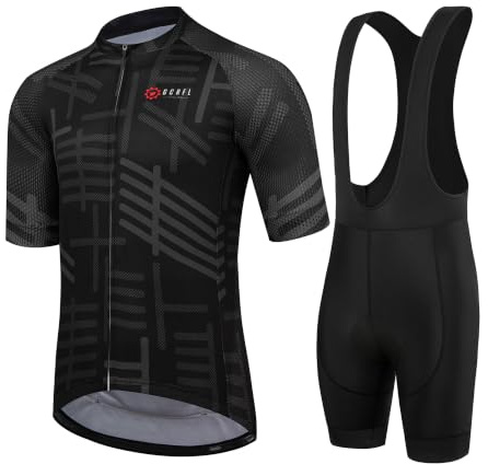 GCRFL Men's Cycling Jersey Set Road Bike Shorts Sleeves Jersey Zipper Pokcet Bib Shorts with Padded, Cycling Clothing kit Men (Black, M)