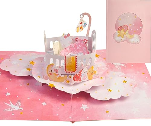 Liebessa 3D Pop Up Karte Gratulation zur Mädchen-Geburt (Baby), Glückwunschkarte zur Tochter, Geburtskarte zur Mädchengeburt, Taufe, Handgemachte 3D Babykarte Rosa-Wiege