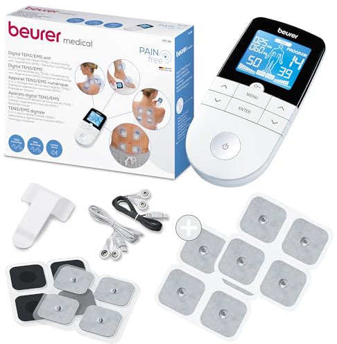 Beurer EM 49 Digital TENS/EMS, 3-in-1 Reizstromgerät, elektrische Nervenstimulation zur Schmerzlinderung und Muskelstimulation, Massagefunktion, inklusive Nachkaufset bestehend aus 8 Elektroden