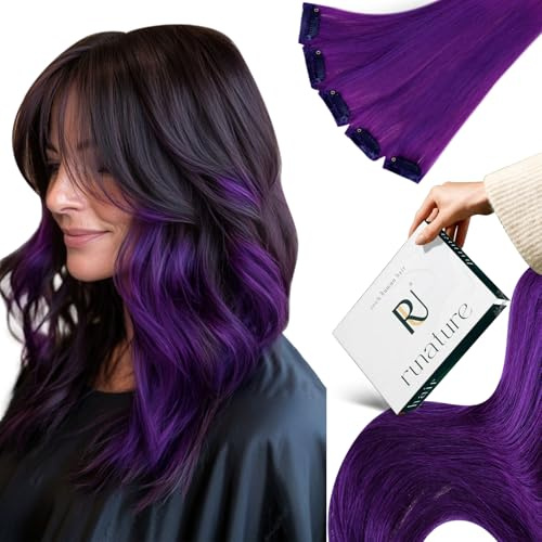 RUNATURE Lila Clip in Echthaar Extensions 40cm Unsichtbarer Clip Extensions Echthaar 25g 5stück Lila Menschliches Haarextensions Clips Bunte Human Hair #Purple