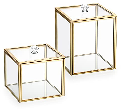 SUMTree 2 PCs Qtip Cotton Ball Holder Gold Glass Qtip Dispenser with Lid, Floss Swab Bathroom Storage Jar Canister with Crystal Handle, Glass Storage Jar for Kitchen Bathroom Dressing Table