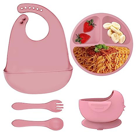 ANTUREBAY Baby Teller mit Saugnapf, Silikon Kinderteller mit Löffel Gabel Teller Rutschfest Kleinkind,Kinder Geschirrset für Kleinkind und Kinder Silikon Baby Teller mit Fächern (Rosa)