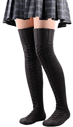 Thajaling Calze alte a maglia a cavo da donna, calze sopra il ginocchio, calze scaldamuscoli invernali extra lunghe (105cm, Nero)