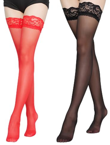 JTMKYO 2 Pairs of Lace Thigh High Stockings, Women's Hold-Up Stockings, Translucent, Breathable, Suitable for Matching with Various Shoes And Clothing (Black, Red)