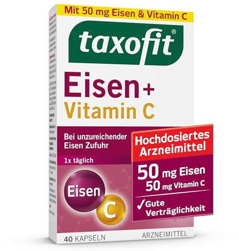 taxofit Eisen + Vitamin C | Bei unzureichender Eisenzufuhr | Kapseln | 40 Stück