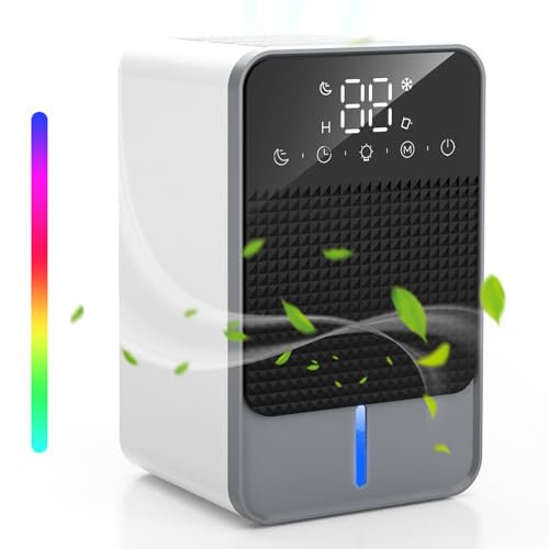 Deumidificatore Casa, 1500ml Deumidificatore Portatile con Spegnimento/Sbrinamento Automatico Timer 2 Velocità Silenzioso Mini Elettrico Deumidificatore con 7 Luci Colorate per Camera da letto Muffa