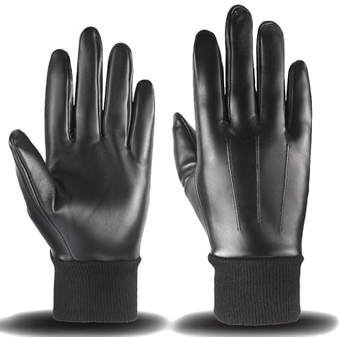 Long Keeper Winter Leather Gloves for Men Warm Gloves Texting Touch Screen Driving Cycling Motorcycle Gloves (Full Finger Three Lines)
