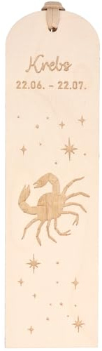 Spruchreif Marque-page « Cancer », signe du zodiaque, en bois gravé, avec cordon en cuir, cadeau pour les amateurs de livres et d'astrologie, environ 16 x 4,5 cm, bois de hêtre