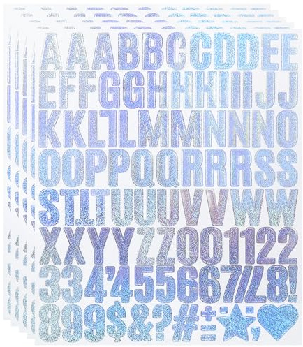 1 Inch Small Vinyl Letters Number Stickers, 5 Sheets Self Adhesive Sparkle Alphabet Symbol Sticker for Scrapbook, Lunch Box and Water Bottles - Glitter Silver