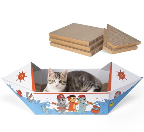 DOOKRON Cat Scratcher Boat with 5 Pack Cardboard Scratch Pad, 76cm Extra Long Cat Scratch Box for Indoor Cats, Heavy Duty and Double-Sided Scratching Board