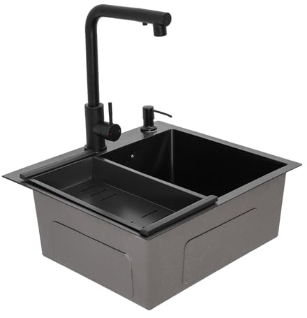 POTYYH Spülbecken 50x45cm, Küchenspüle Einbauspüle Küche Waschbecken Edelstahl Spüle mit Abtropfkorb, Seifenspender und Ausziehbarer Wasserhahn, 1 Becken, Schwarz