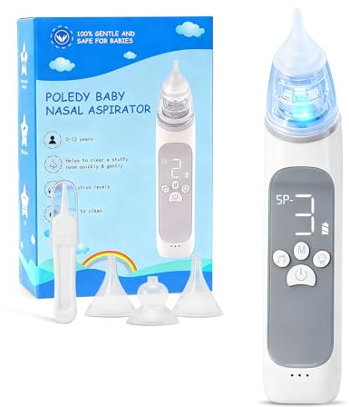 Electric Nasal Aspirator for Baby,POLEDY Waterproof Nose Sucker for Toddlers, Nose Cleaner with 3 Silicone Tips,3 Adjustable Suction Levels, Baby Booger Sucker with Music-Light Soothing Feature ﻿