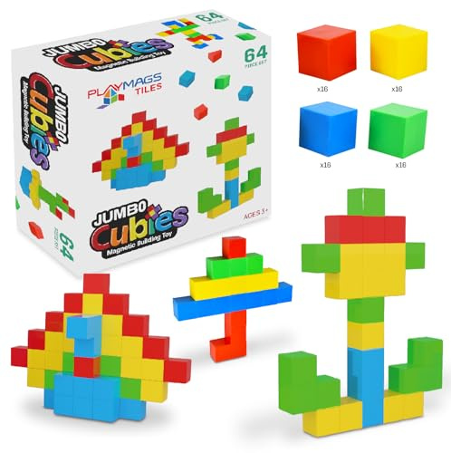 Playmags Set Med 64 Gigantiska Magnetiska Kuber 5,08 Cm Stora Byggklossar För Små Barn - Robusta Magnetiska Byggklossar, Sensoriska Skramlande Kuber