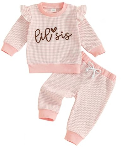 LUVCES Abbigliamento Ragazzi e Ragazze Abiti Coordinati Manica Lunga a Righe Felpa Top+ Pantaloni 2 Pezzi Fratelli Sorelle Vestiti Set per Bambini Rosa LiL Sis 6-12 Mesi